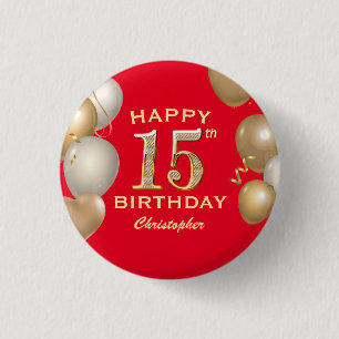 15th Birthday Party Red and Gold Balloons 3 Cm Round Badge