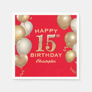 15th Birthday Party Red and Gold Balloons Napkin
