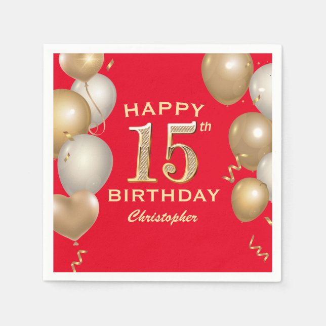 15th Birthday Party Red and Gold Balloons Napkin (Front)
