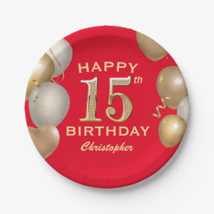 15th Birthday Party Red and Gold Balloons Paper Plate
