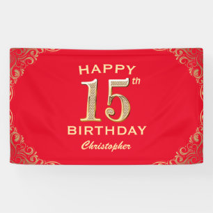 15th Birthday Party Red and Gold Glitter Frame Banner