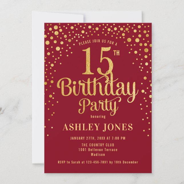 15th Birthday Party - Red & Gold Invitation (Front)