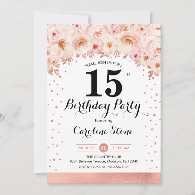 15th Birthday Party - Rose Gold Flowers Invitation (Front)