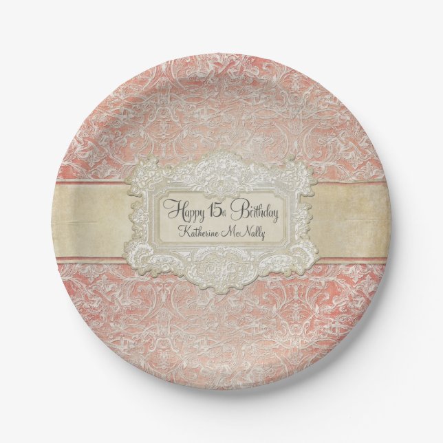15th Birthday Party Vintage French Regency Lace Paper Plate (Front)