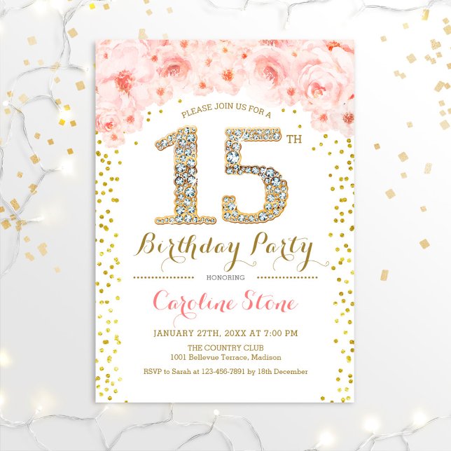 15th Birthday Party - White Gold Pink Invitation (Creator Uploaded)