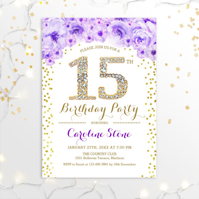 15th Birthday Party - White Gold Purple Invitation (Creator Uploaded)
