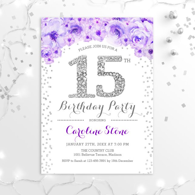 15th Birthday Party - White Silver Purple Invitation (Creator Uploaded)