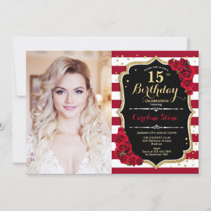 15th Birthday Party With Photo - Black Red Gold Invitation