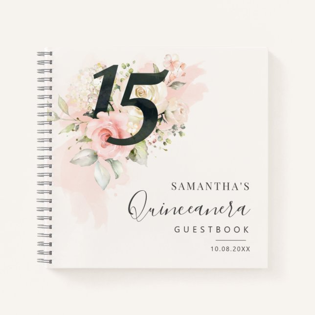 15th Birthday Pink Floral Qunceanera Guest Notebook (Front)