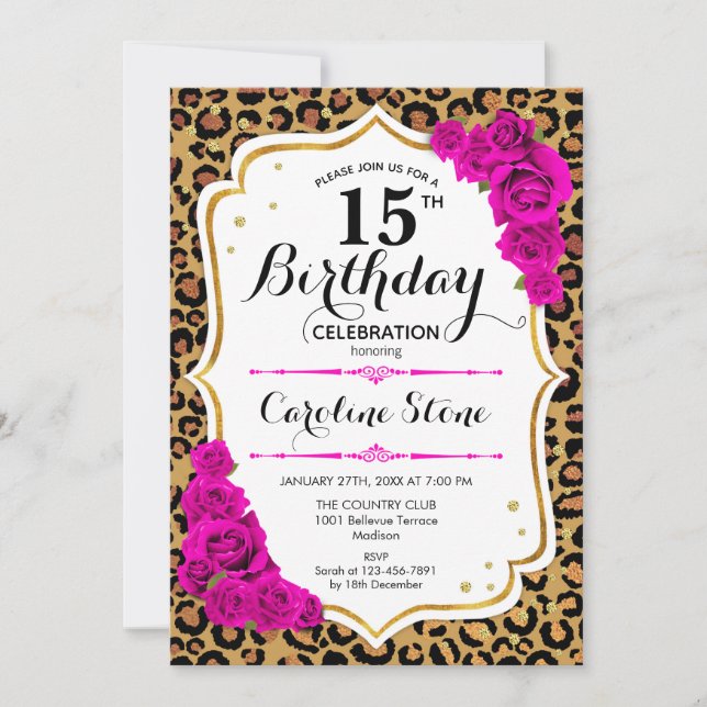 15th Birthday - Pink Gold Leopard Print Invitation (Front)