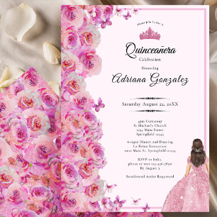 15th birthday Pink Roses and Dress Quinceanera Invitation