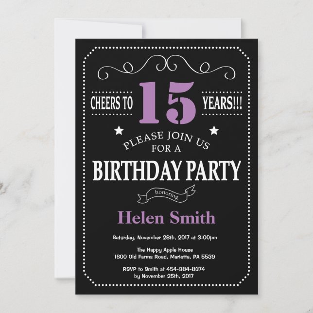 15th Birthday Purple and Black Chalkboard Invitation (Front)