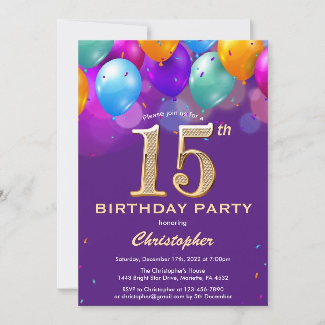 15th Birthday Purple and Gold Colourful Balloons Invitation (Front)