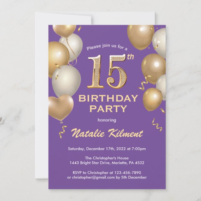 15th Birthday Purple and Gold Glitter Balloons Invitation (Front)