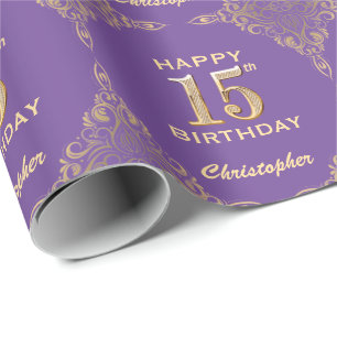 15th Birthday Purple and Gold Glitter Frame Wrapping Paper