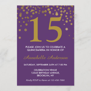 15th Birthday Purple Gold Dots Quinceañera Invitation