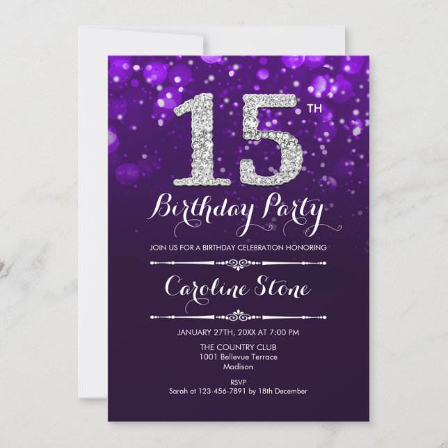 15th Birthday - Purple Silver Invitation (Front)