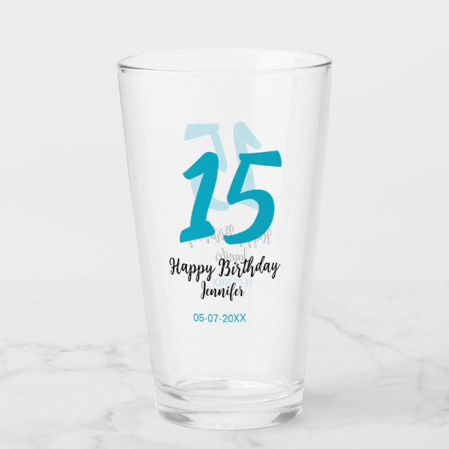 15th birthday quiencenera add date year blue templ glass (Front)
