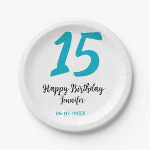 15th birthday quiencenera add date year blue templ paper plate