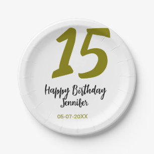 15th birthday quiencenera add date year golden paper plate