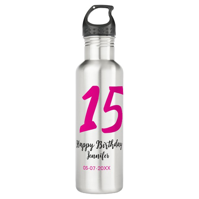 15th birthday quiencenera add date year pink templ 710 ml water bottle (Front)