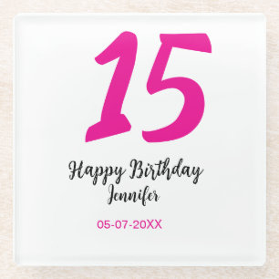 15th birthday quiencenera add date year pink templ glass coaster