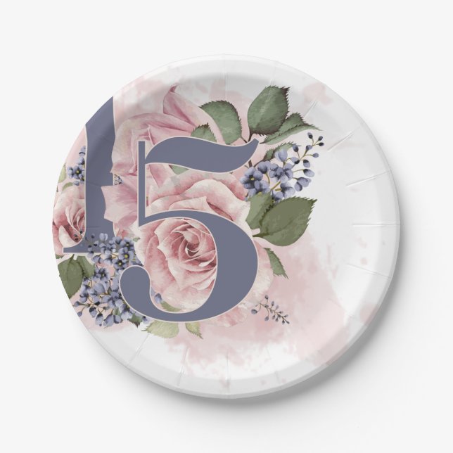 15th Birthday Quinceanera Chic Floral Watercolor  Paper Plate (Front)