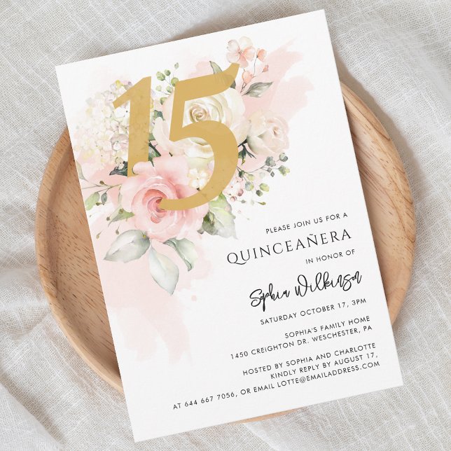 15th Birthday Quinceanera Floral Watercolor Invitation (Quinceanera Floral Pink Botanical 15th Birthday Party Invitation)