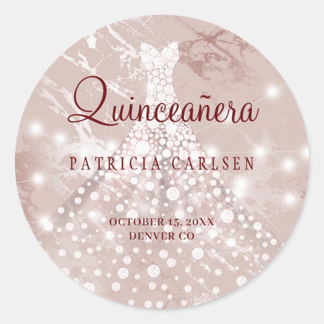 15th birthday quinceanera rose gold gown glitter classic round sticker (Front)