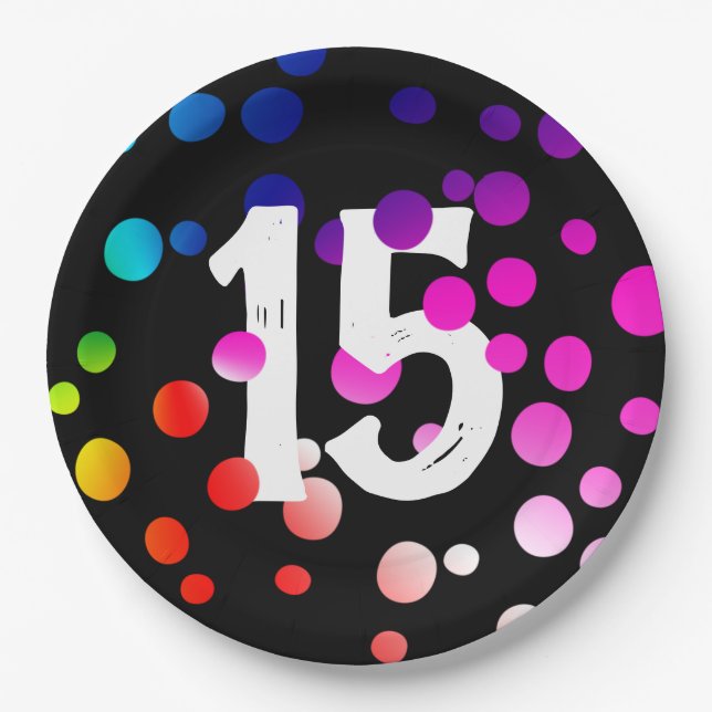 15th Birthday Rainbow Dots on Black Paper Plate (Front)