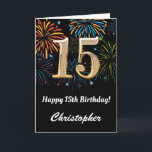 15th Birthday Rainbow Fireworks Black and Gold Card<br><div class="desc">15th Birthday Black and Gold Colourful Balloons Birthday Card. For further customisation,  please click the "Customise it" button and use our design tool to modify this template.</div>