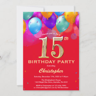 15th Birthday Red and Gold Colourful Balloons Invitation