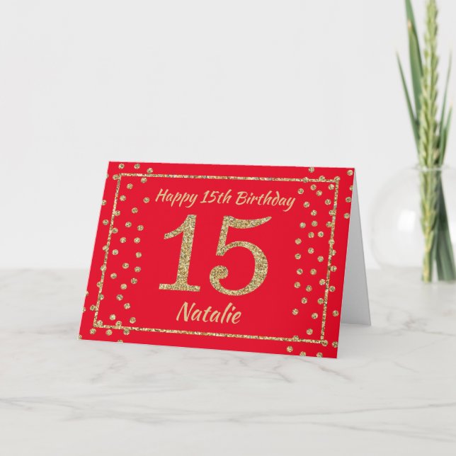15th Birthday Red and Gold Glitter Confetti Card (Front)