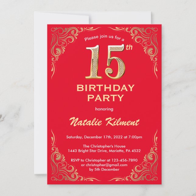 15th Birthday Red and Gold Glitter Frame Invitation (Front)