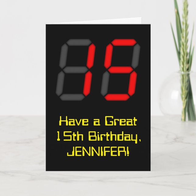 15th Birthday: Red Digital Clock Style "15" + Name Card (Front)