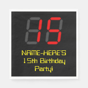 15th Birthday: Red Digital Clock Style "15" + Name Napkin