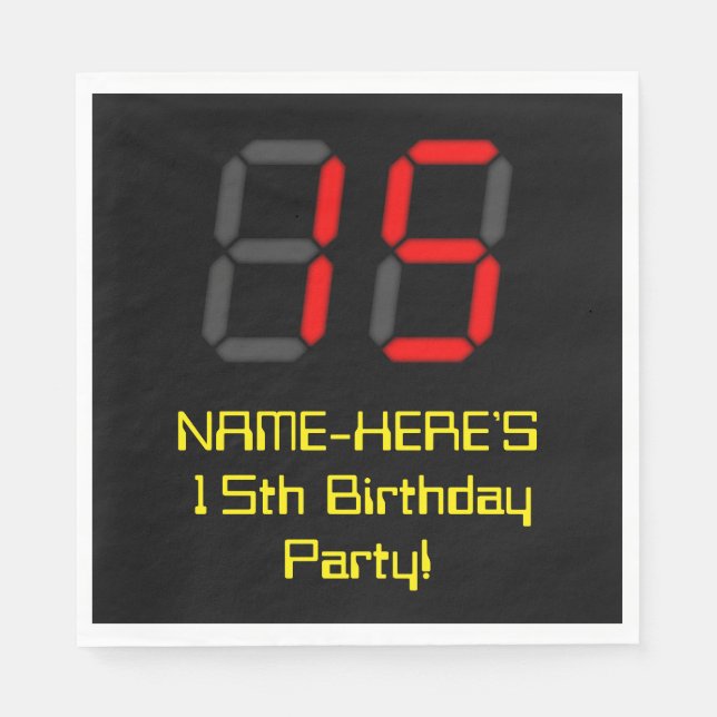 15th Birthday: Red Digital Clock Style "15" + Name Napkin (Front)