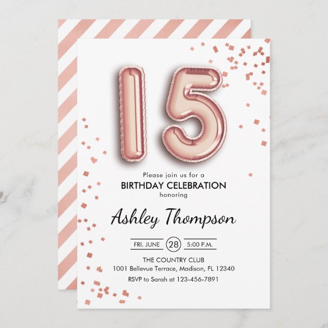 15th Birthday - Rose Gold Balloons Invitation (Front/Back)