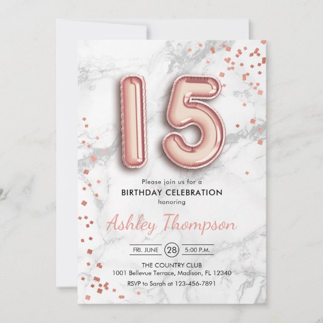 15th Birthday - Rose Gold Balloons Marble Effect Invitation (Front)