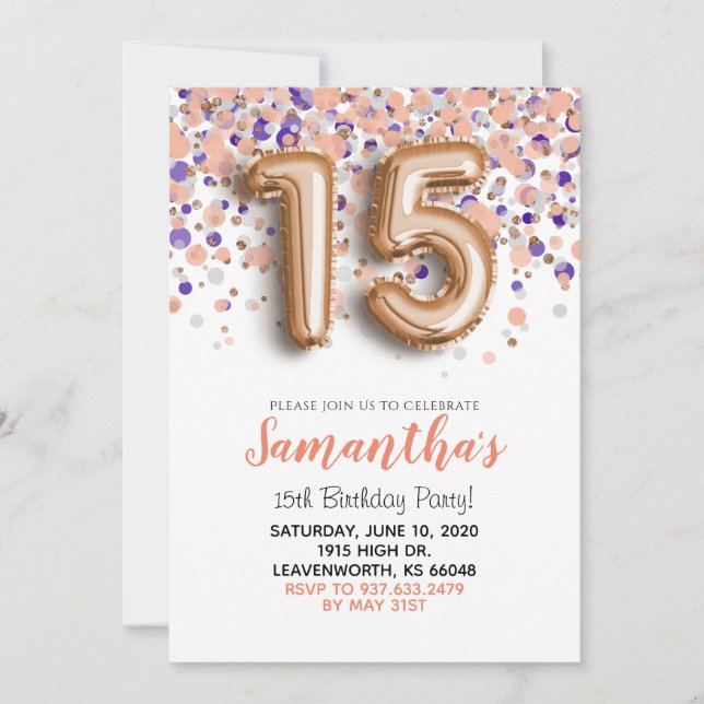15th Birthday Rose Gold Confetti Invitation (Front)