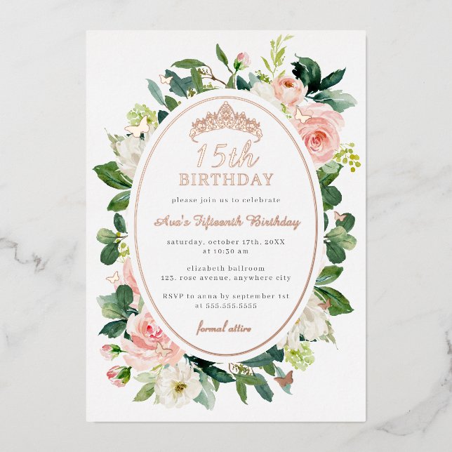 15th Birthday Rose Gold Pink Butterfly Floral  (Front)