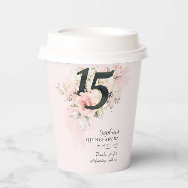 15th Birthday Rustic Floral Quinceanera Custom Paper Cups (Front)