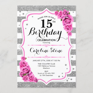 15th Birthday - Silver White Stripes Pink Roses Invitation