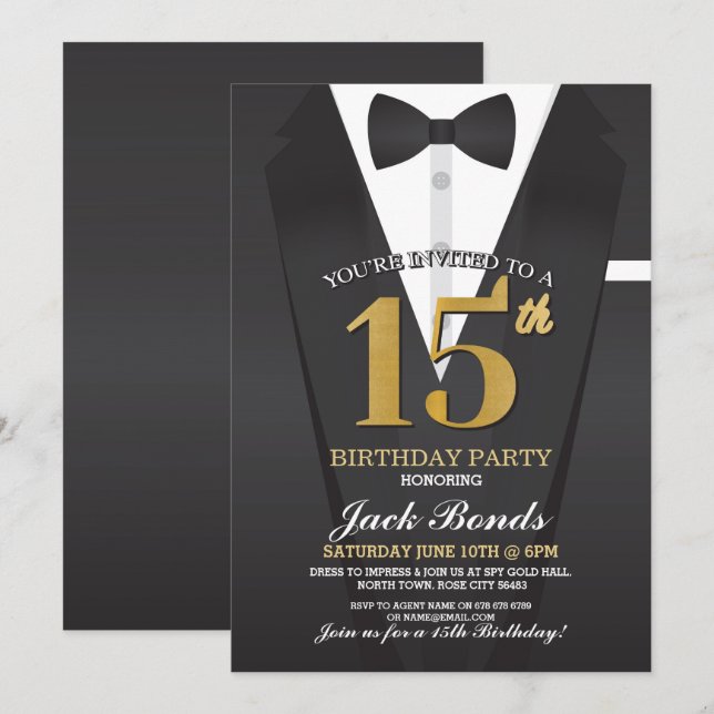 15th Birthday Spy Suit Black tie Gold Tuxedo Ball Invitation (Front/Back)