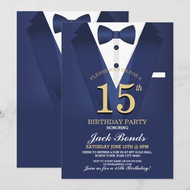 15th Birthday Spy Suit Black tie Gold Tuxedo Ball Invitation (Front/Back)