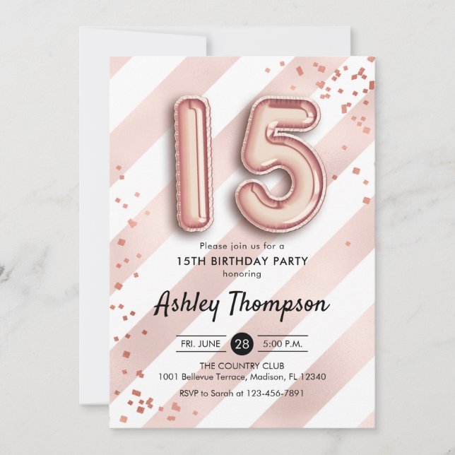 15th Birthday - Stripes Rose Gold Balloons Invitation (Front)