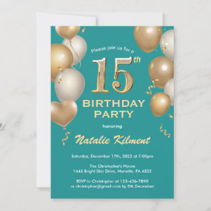 15th Birthday Teal and Gold Glitter Balloons Invitation
