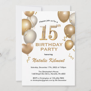 15th Birthday White and Gold Glitter Balloons Invitation
