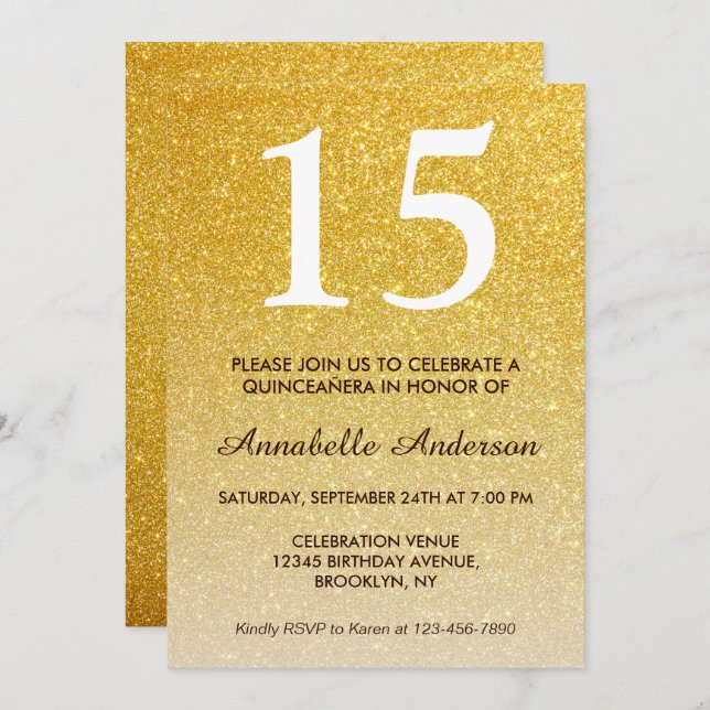 15th Birthday Yellow Gold Glitter Quinceañera Invitation (Front/Back)