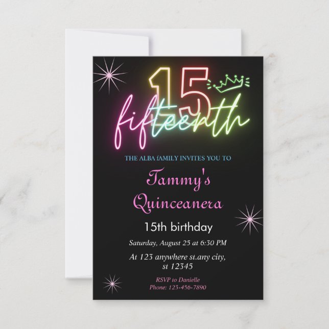  15th BirthdayGlow Neon Quinceanera  Invitation (Front)